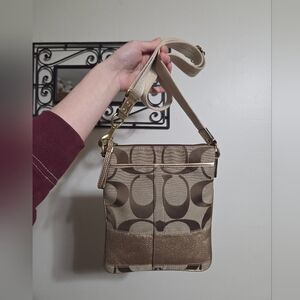 #4 Y2K Coach Tan/Gold Large Signature Jacquard Small Fabric Crossbody